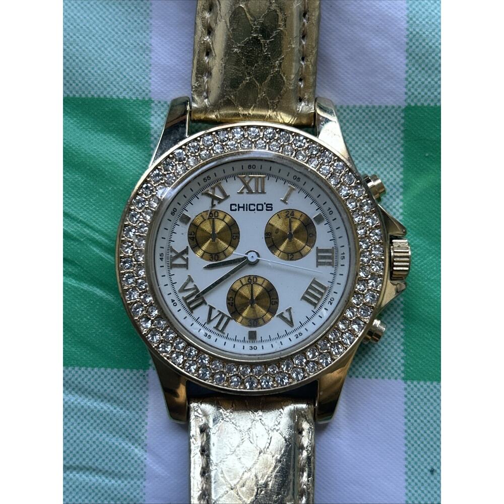 Chicos Gold Tone Rhinestone Bezel Womens Quartz Watch